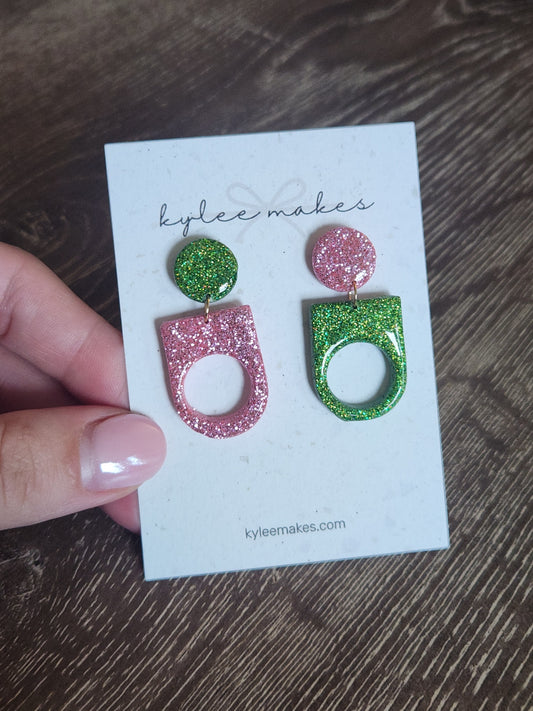 Glitter Green & Pink Dangle Earrings