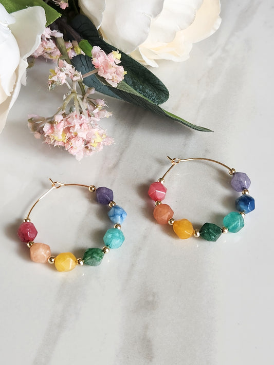 Rainbow Beaded Hoop Earrings