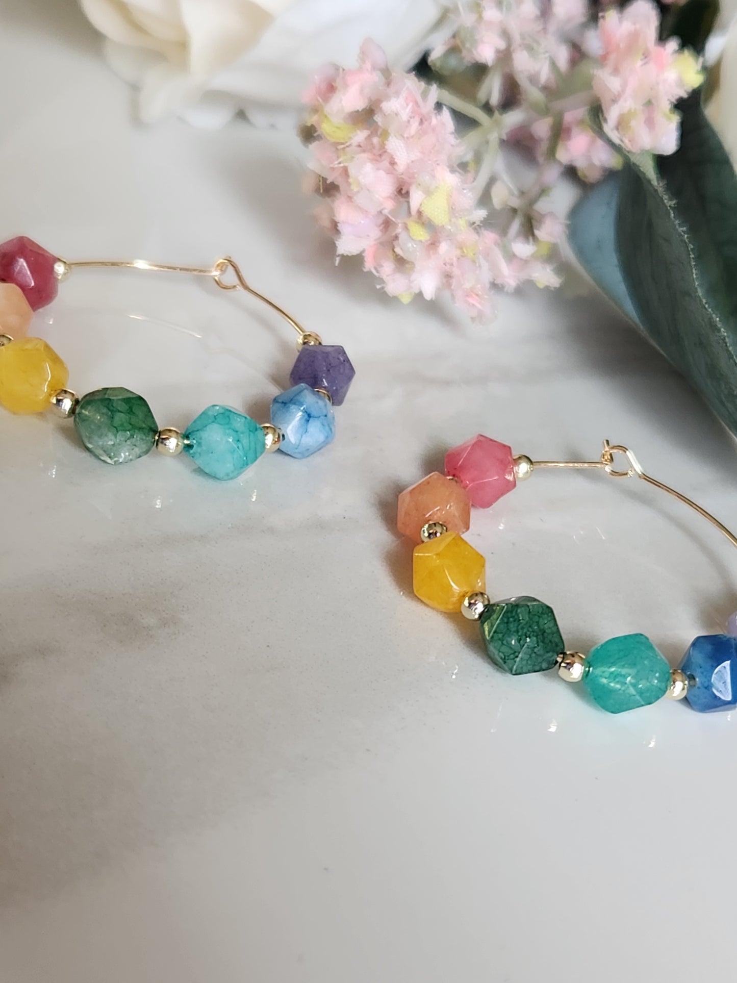 Rainbow Beaded Hoop Earrings