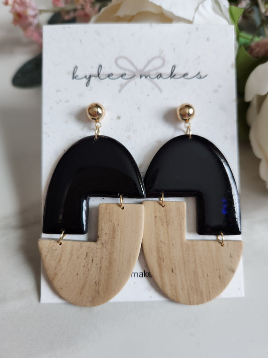 Black & Faux Wood Statement Dangles