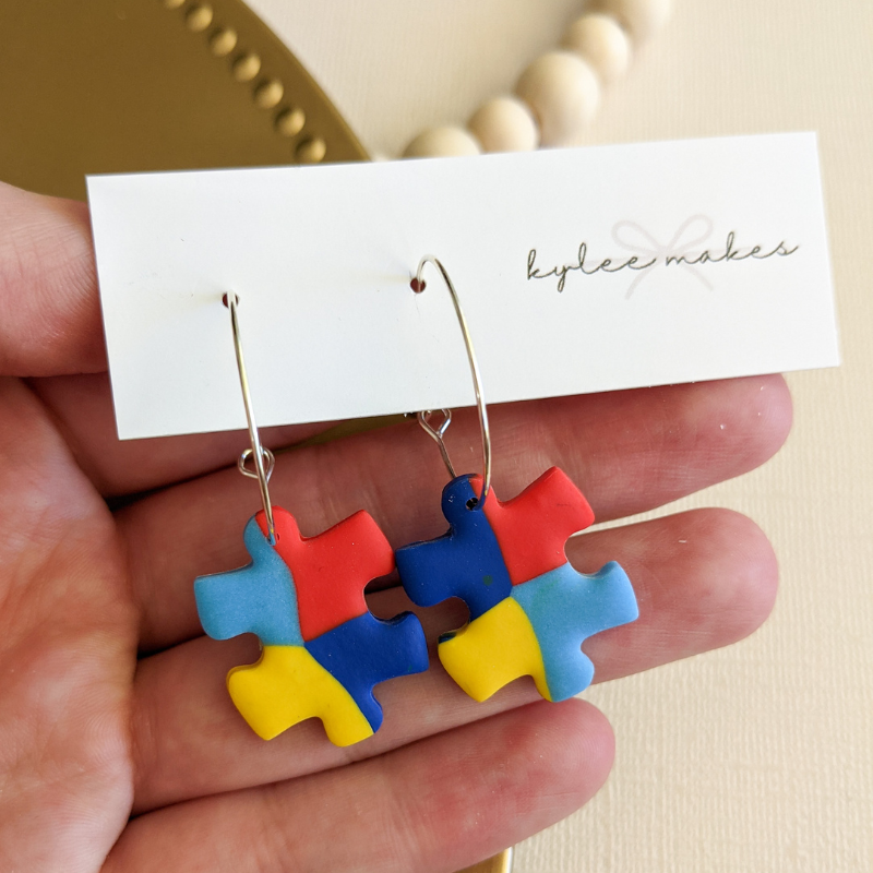 Autism Awareness Earrings, Polymer Clay Earrings for Teachers, Puzzle Piece Dangle Earrings